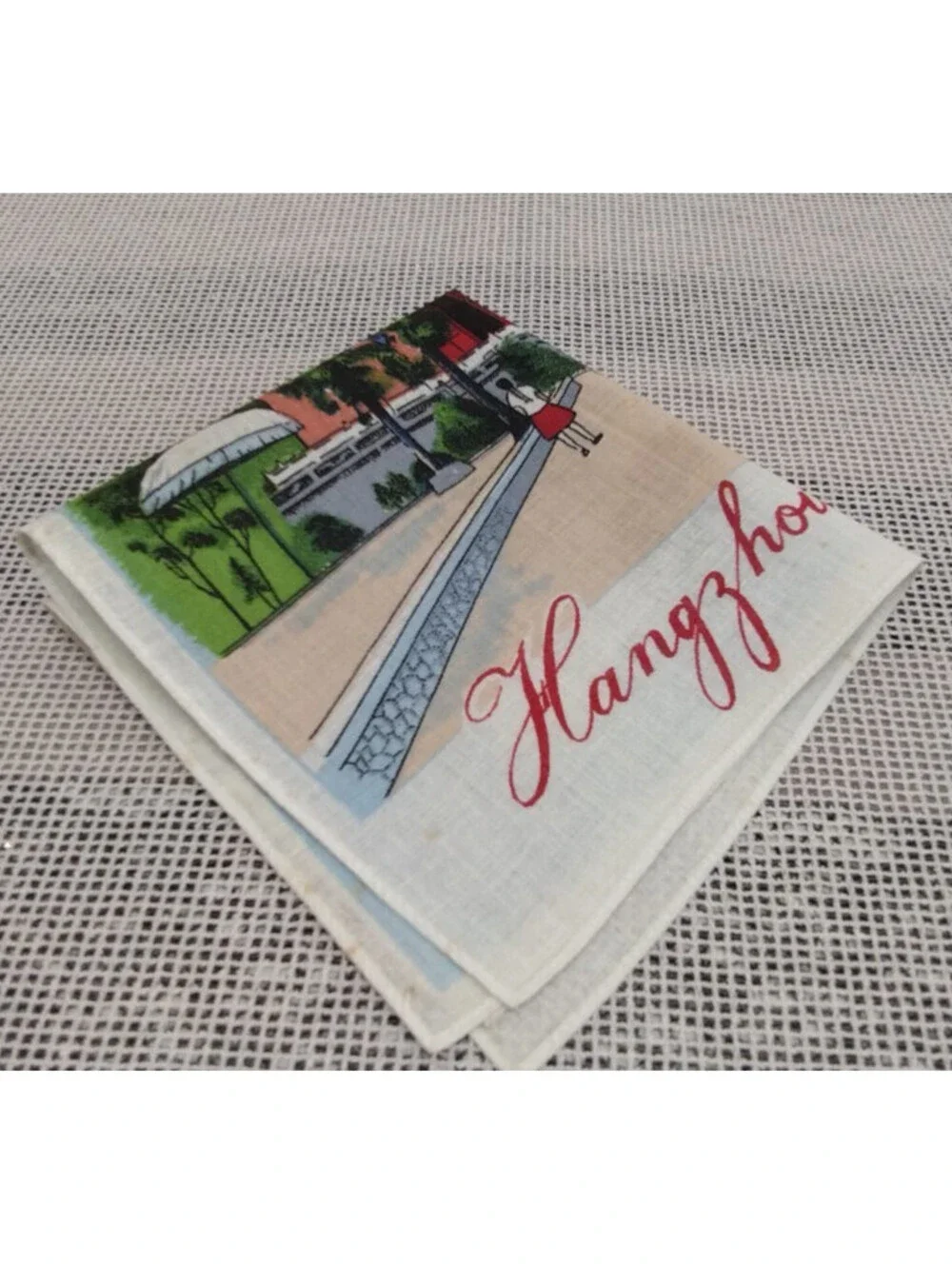Vintage 1950s 60s Cotton Rare Size Handkerchief Hangzhou Hankie China FRAMEABLE